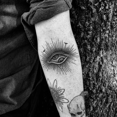 Tattoo by Sasha Woland #SashaWoland #besttattoos #illustrative #linework #eye #eyeball #thirdeye #allseeingeye #symbol #dotwork