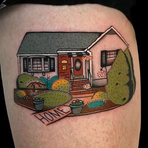 Tattoo by Alex Zampirri #AlexZampirri #besttattoos #color #traditional #house #building #home #flowers #landscape