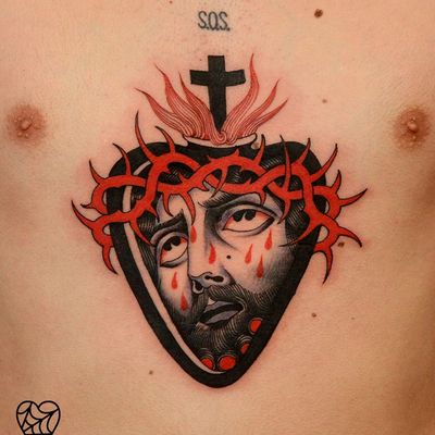 Tattoo by Marcelina Urbanska #MarcelinaUrbanska #besttattoos #redink #portrait #traditional #illustrative #thorns #Jesus #blood #sacredheart #fire #cross #heart