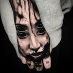 Tattoo by Ben Thomas #benthomas #darkarttattoos #blackandgrey #portrait #demon #lady #ladyhead #eyes #devil #ghoul #ghost #splatters #blood #evil #death