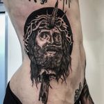 Tattoo by Matina Marinou #MatinaMarinou #darkarttattoos #blackwork #linework #illustrative #etching #Jesus #severedhead #head #thorns #blood #splatters #death
