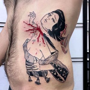 Tattoo by Silly Jane #SillyJane #darkarttattoos #linework #illustrative #geisha #death #murder #severedhead #blood #splatter #lady #pattern #kimono #portrait