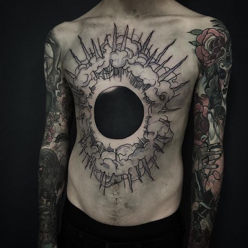Tattoo by Pari Corbitt #PariCorbitt #darkarttattoos #blackwork #clouds #lightning #light #blackhole #darkness #evil #linework #blackfill #chesttattoo #blackholesun