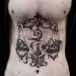 Tattoo by Odd #Odd #Oddtattoo #darkarttattoos #linework #etching #illustrative #severedhead #filigree #banner #scale #medieval #ghoul #demon #monster