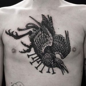 Tattoo by Mishla #Mishla #mishlatattooillustration #darkarttattoos #blackwork #raven #bird #crow #wings #feathers #nails #death #animal
