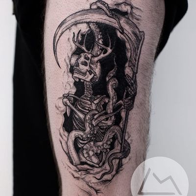 Tattoo by Landon Morgan #LandonMorgan #darkarttattoos #linework #etching #illustrative #skeleton #monster #antlers #octopus #death #skull #strange #surreal #scythe