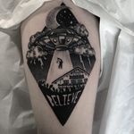 Tattoo by Heidi Furey #HeidiFurey #alientattoos #blackandgrey #illustrative #ufo #alien #spaceship #lightning #clouds #house #believe #text #desert #cacti #moon #stars #space #scifi #abduction