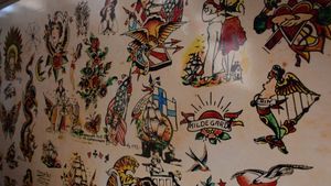 The designs on this flash sheet show what an international clientele Tattoo Ole has had over the years.