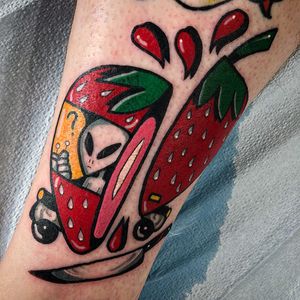 Tattoo by Destroy Troy #DestroyTroy #alientattoos #color #newschool #strawberry #fruit #foodtattoos #knife #ufo #spaceship #strange #surreal #alien #scifi #alien