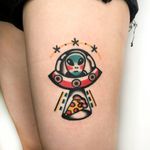 Tattoo by RedLipTattoo #redliptattoo #alientattoos #color #ufo #alien #pizza #scifi #stars #spacetravel #newschool #spaceship #abduction