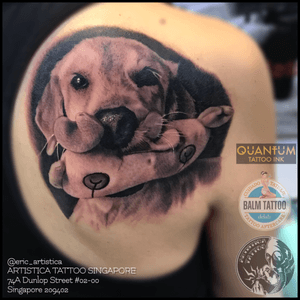 Dog with soft toy portrait on his client back. Black and Grey tattoo done at the Singapore Ink Show 2018. IG: @eric_artistica FB: www.facebook.com/MR.INK