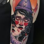 Tattoo by Deborah Cherrys #deboracherrys #color #neotraditional #clown #circus #funny #creepy #circusfreak #freak #heart #blood #portrait #lady #ladyhead