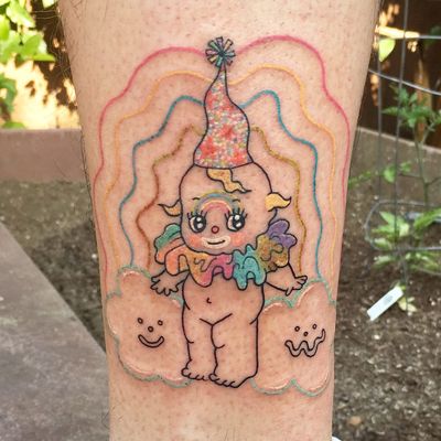 Tattoo by Pina Tattoo #pinatattoo #clowntattoos #color #clown #circus #funny #creepy #circusfreak #kewpie #kewpiedoll #cute #clouds #smile #rainbow #illustrative