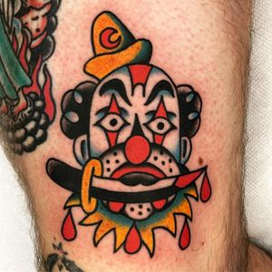 Tattoo by Jason Ochoa #JasonOchoa #clowntattoos #color #traditional #clown #circus #funny #creepy #circusfreak #freak #dagger #knife #blood