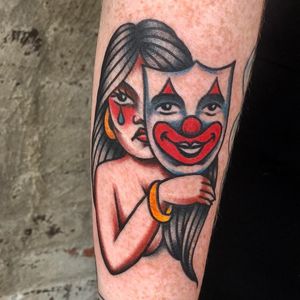 Tattoo by Eli Quinters #eliquinters #clowntattoos #color #traditional #clown #circus #funny #creepy #circusfreak #freak #lady #mask #tear #cry #portrait