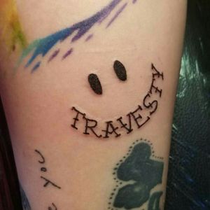 I love this smile with the mouth saying travesty. It is a reference to All Time Low's song Therapy because there is a line that says "I'm a walking travesty, just smiling at everything"