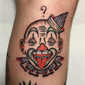 Tattoo by Dexter #Dexter #dextertattooer #clowntattoos #color #traditional #clown #circus #funny #creepy #circusfreak #freak #questionmark