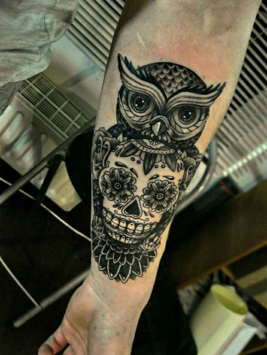 Owl  Skull Full Back Tattoo