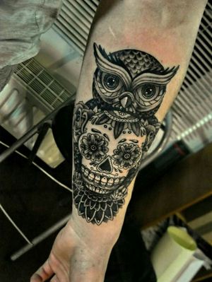 Sugar skull Tattoo With Owl👌 #sugarskull #owl Support Me Guys