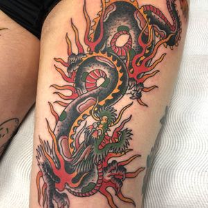 Tattoo by Tom Tom Tattoo #TomTomTattoo #color #traditional #japanese #folklore #magical #mythicalcreature #beast #monster #animal #fairytale #legend #myth #fire