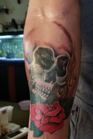 Skull with rose and Flames