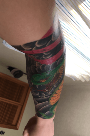 Left arm. Okinawa. The beginning of my sleeve #japanese #Japanesetraditionaltattoo #snake #risingsun #hannya #art  #artwork #color 