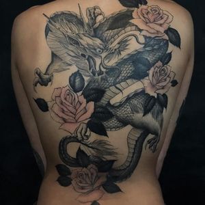 Tattoo by Kane Trubenbacher #KaneTrubenbacher #dragontattoos #blackandgrey #dragon #mythicalcreature #beast #monster #animal #waves #Japanese #illustrative #backtattoo #backpiece #rose #flowers #floral