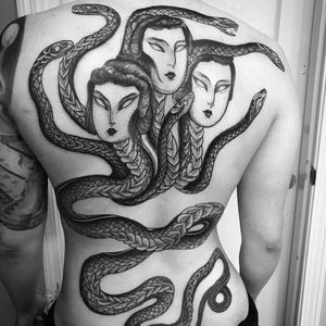Tattoo by Nomi Chi #NomiChi #blackwork #illustrative #linework #dotwork #snake #serpent #portrait #demon #magic #creature #mythicalcreature #face #ladyhead #darkart #surreal