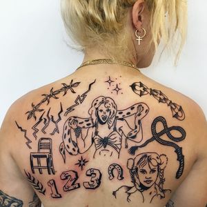 Tattoo by Charline Bataille #CharlineBataille #musictattoos #linework #illustrative #BritneySpears #singer #snake #toxic #barbedwire #chaine #lightningbolt #luckyhorseshoe #horseshoe #chair #whip #stars #portrait #popstar