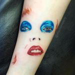 Tattoo by Shannon Perry #ShannonPerry #musictattoos #portrait #color #popart #realistic #realism #DavidBowie #famous #rip #memorial #love #singer #glam #lipstick