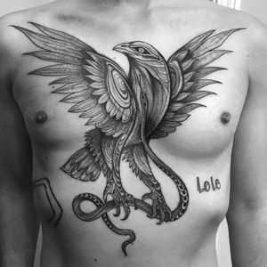 Tattoo by Nomi Chi #NomiChi #blackwork #illustrative #linework #dotwork #bird #feathers #wings #serpent #snake #nature #animal