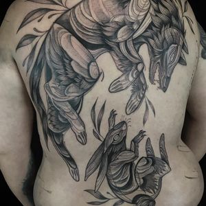 Tattoo by Nomi Chi #NomiChi #blackwork #illustrative #linework #dotwork #bunny #rabbit #animal #wolf #coyote #dog #hare #leaves #nature