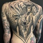 Tattoo by Nomi Chi and Noel'le Longhaul #NomiChi #NoelleLonghaul #blackwork #illustrative #linework #dotwork #collaboration #forest #door #harpy #wings #feathers #darkart #stars