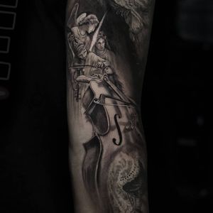 Tattoo by Stefano Alcantara #StefanoAlcantara #musictattoos #blackandgrey #realism #realistic #cello #violin #angels #wings #music #classicalmusic #classical #lace