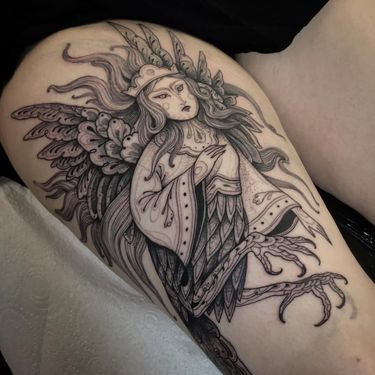 Tattoo by Nomi Chi #NomiChi #blackwork #illustrative #linework #dotwork #harpy #bird #wings #folk #pattern #mythicalcreature #feathers #surreal