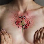 Tattoo by Ann Lilya #AnnLilya #flowertattoos #color #flowers #floral #chestpiece #watercolor #abstract #redink