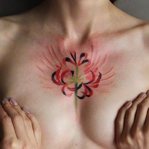 Tattoo by Ann Lilya #AnnLilya #flowertattoos #color #flowers #floral #chestpiece #watercolor #abstract #redink