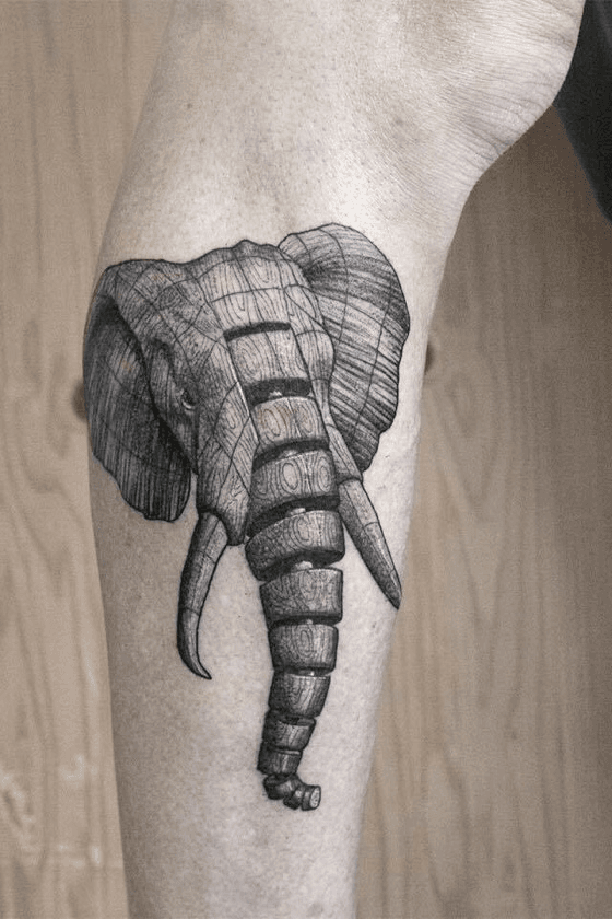 Traditional Elephant Head Tattoo On Side Leg