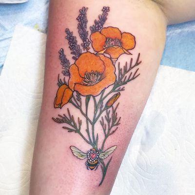 Tattoo by Miss Juliet #MissJuliet #flowertattoos #flower #floral #buttercups #lavender #bee #heart #insect #leaves #nature
