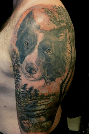 Fusion Muted tones used in this tat. Doggie was already 2,5 years old...just lifted a few shades. #cultart #tattooart #realism #realistic #aaltink #gja #dogtattoo #landscapetattoo #netherlands 