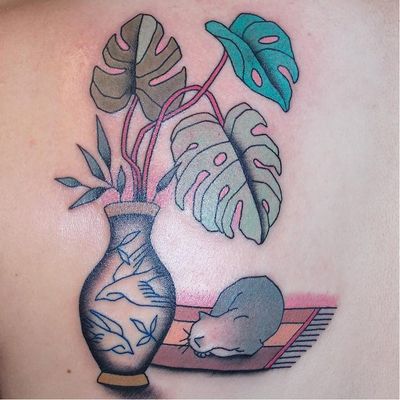 Tattoo by Brindi #Brindi #favoritetattoos #Japanese #traditional #mashup #cat #kitty #stilllife #leaves #nature #animal #birds #sleeping #wings