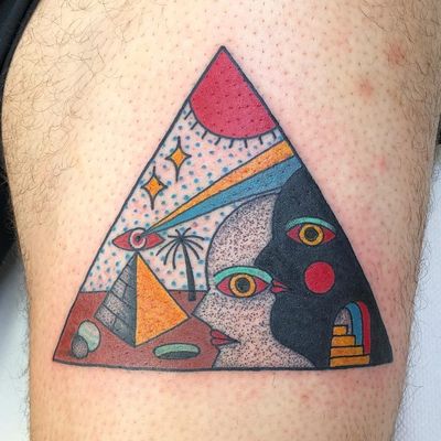 Tattoo by Teide #Teide #favoritetattoos #pyramid #portrait #surreal #shapes #thirdeye #eyes #sun #sky #palmtree #desert