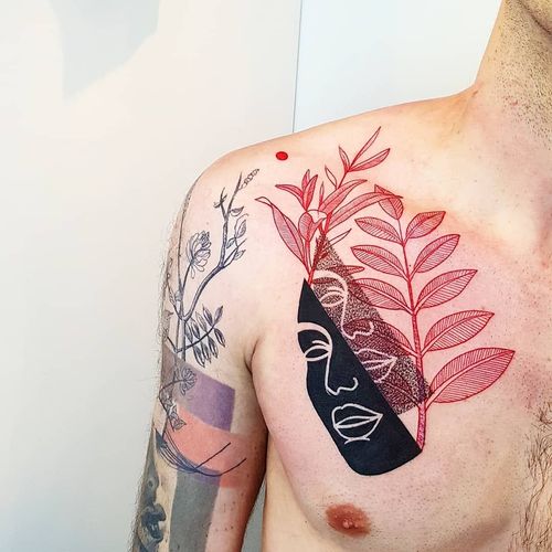 Tattoo by Matteo Nangeroni #MatteoNangeroni #favoritetattoos #blackfill #fotwork #linework #popart #graphic #face #portrait #leaves #nature