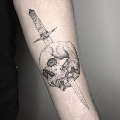 Tattoo by Vanpira #Vanpira #vanpriegonova #favoritetattoos #skull #death #dagger #knife #sword #skeleton #illustrative #linework #fineline