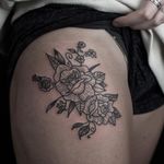 Classic roses tattoo by Burak Moreno of Fleur Noire #BurakMoreno #FleurNoire #roses #linework #blackwork #floral #nature #flower #leaves