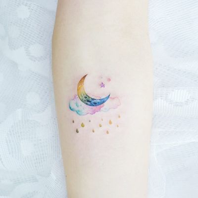 Tattoo by Banul #Banul #spacetattoos #watercolor #moon #stars #rain #raindrops #cloud #sky