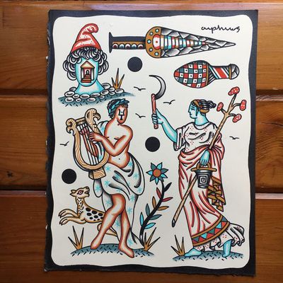 Painting by Henry Hablak #HenryHablak #folktraditional #color #painting #flash #tattooflash #body #scythe #tools #ancient #dog #portrait #human #nature #primitive