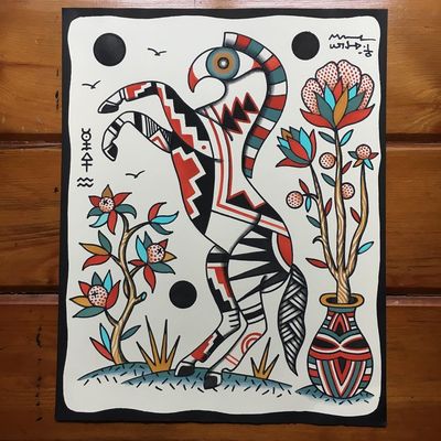 Painting by Henry Hablak #HenryHablak #folktraditional #color #painting #flash #tattooflash #horse #flowers #floral #leaves #nature #animal #symbols #sigil