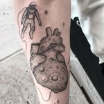 Tattoo by Michele Volpi #MicheleVolpi #spacetattoos #blackwork #linework #dotwork #moon #planet #heart #anatomicalheart #spaceman #astronaut #stars #space #galaxy