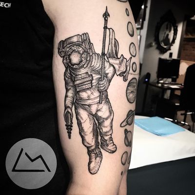 Tattoo by Landon Morgan #LandonMorgan #spacetattoos #linework #illustrative #astronaut #darkart #spaceman #flag #gun #planets #space
